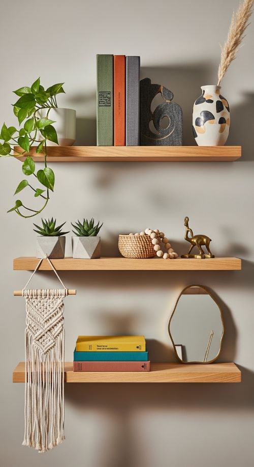 1. Floating Wooden Shelves with Simple Styling
